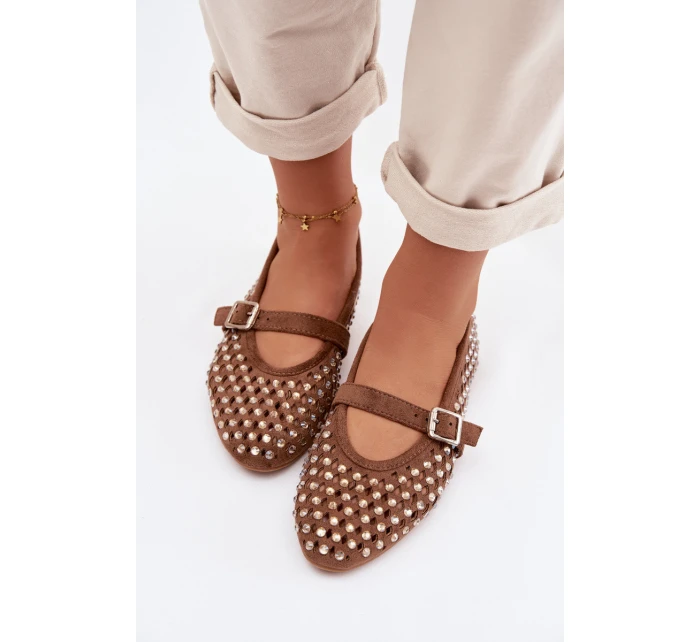 Dámské baleríny s otevřeným vzorem s kamínky a páskem Hnědé Wilvessa
