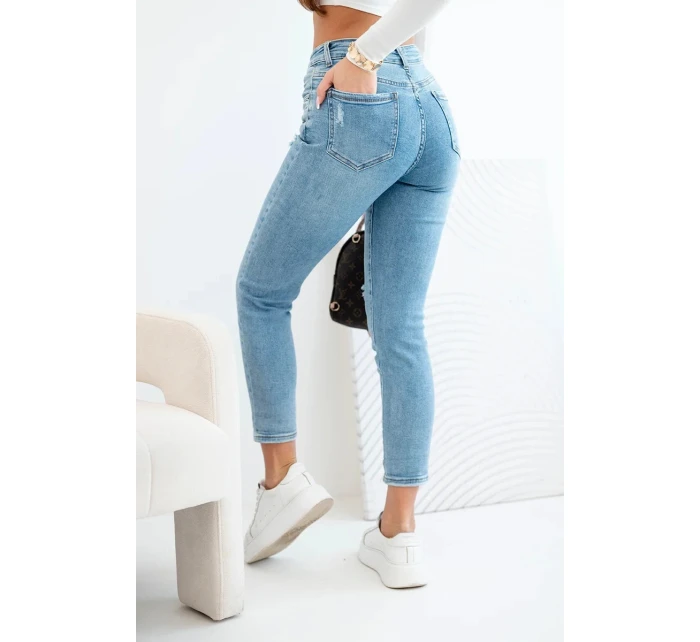 Dámské džíny mom fit s vysokým pasem a jemným obnošením modré
