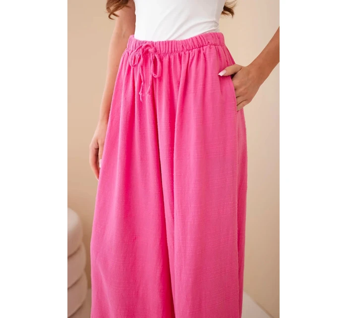 Dámské široké bavlněné kalhoty s gumou v pase růžové