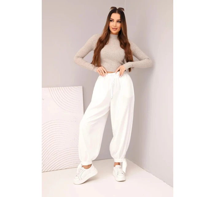 Dámské kalhoty s širokým nohavicí a vázáním dole bílé