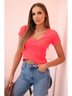 Dámská pruhovaná blůza s V výstřihem a krátkým rukávem neonově růžová Dámská pruhovaná blůza s V výstřihem a krátkým rukávem neonově růžová