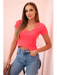Dámská pruhovaná blůza s V výstřihem a krátkým rukávem neonově růžová