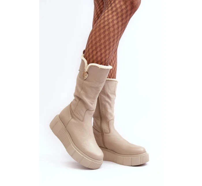 Dámské béžové kožené boty s vlnou Bayla