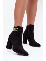 Dámské zateplené kotníkové botky z eko semiše na sloupku s ozdobou – černé Lymall