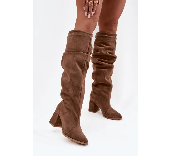 Vlnité kozačky z přírodního semiše na podpatku zateplené Zazoo 4228 světle hnědé