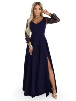 640-3 LORETTA jedinečné dlouhé šaty s tylovými rukávy a výstřihem - tmavě modré