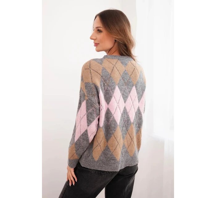 Svetr dámský s ajurem a kulatým výstřihem v diamond s vlnou šedý Svetr dámský s ajurem a kulatým výstřihem v diamond s vlnou šedý
