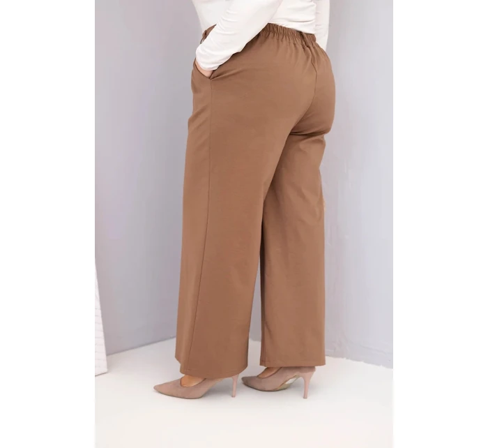 Dámské kalhoty Plus Size s širokou nohavicí a vysokým pasem světlé camelové
