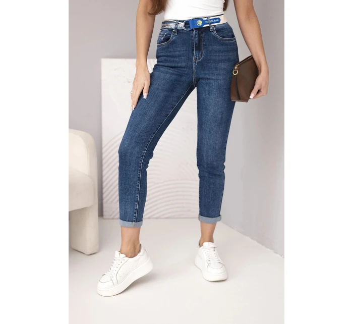 Dámské džíny Mom Fit s vysokým pasem a kontrastním páskem tmavě džínsová Dámské džíny Mom Fit s vysokým pasem a kontrastním páskem tmavě džínsová