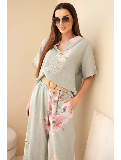 Dámský bavlněný komplet s krátkým rukávem a širokými nohavicemi khaki