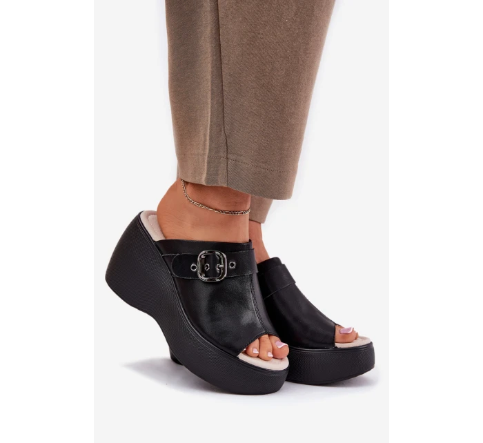 Kožené Dámské Sandály Na Platformě A Klínu S Přezkou Černé model 21695817 - S.Barski