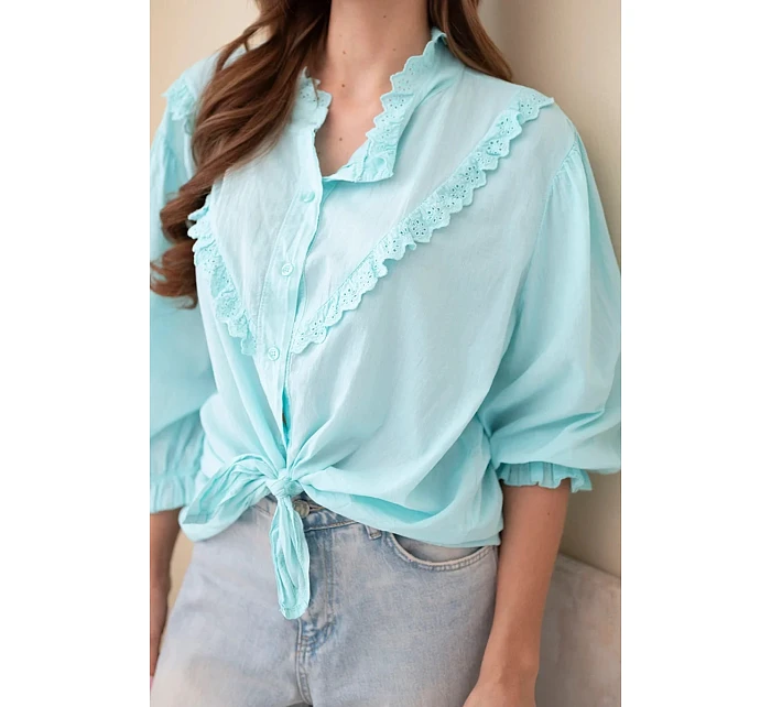 Dámská bavlněná košile s krajkou a zavazováním mentolová