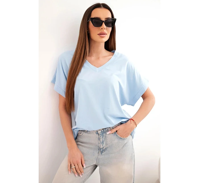 Dámská bavlněná halenka s výstřihem do V a krátkým rukávem modrá