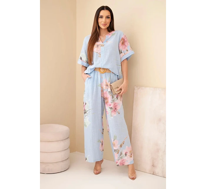 Dámský bavlněný komplet s krátkým rukávem a širokými nohavicemi modrý