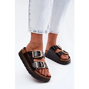 Lakované dámské pantofle na platformě se zlatými klipsy Lee Cooper LCW-26-35-4459L Černé