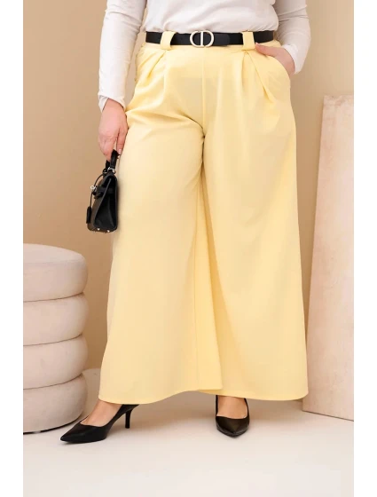 Dámské kalhoty Plus Size viskózové s širokou nohavicí a páskem žluté