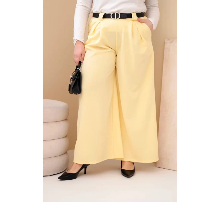 Dámské kalhoty Plus Size viskózové s širokou nohavicí a páskem žluté