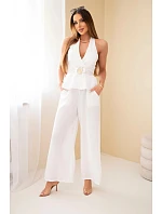 Dámský viskózový komplet vázaný top a kalhoty se širokými nohavicemi ecru