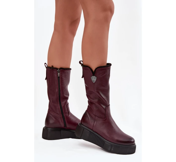 Dámské kožené kozačky s vlnou model 21715578 bordó - Zazoo Dámské kožené kozačky s vlnou model 21715578 bordó - Zazoo