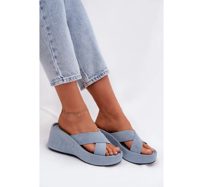 Dámské nazouváky na platformě z eko semiše modré model 21960995 - Boto