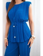 Dámský viskózový plisovaný komplet s halenkou na zavazování a širokými kalhotami chrpový Dámský viskózový plisovaný komplet s halenkou na zavazování a širokými kalhotami chrpový