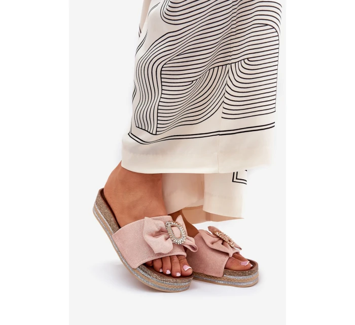 Dámské Pantofle Na Platformě S Mašlí A Ozdobnou Broží Růžové Lenela