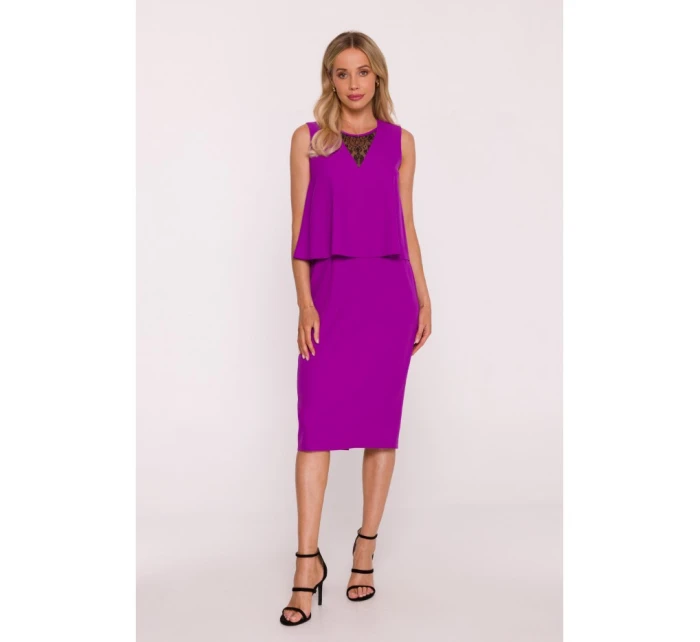 S422 Šaty s krajkovou vsadkou - levandulová