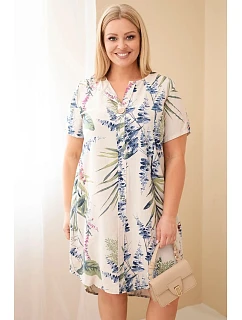 Dámské viskózové šaty Plus Size s krátkým rukávem a výstřihem na knoflíky béžová