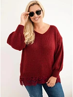 Dámský svetr Plus Size s krajkovým spodkem bordó