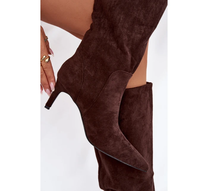 Dámské kozačky na jehlovém podpatku zateplené – čokoládové Arelisse Dámské kozačky na jehlovém podpatku zateplené – čokoládové Arelisse
