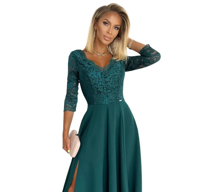 Dámské dlouhé krajkové šaty tmavě zelené model 21413434 - numoco