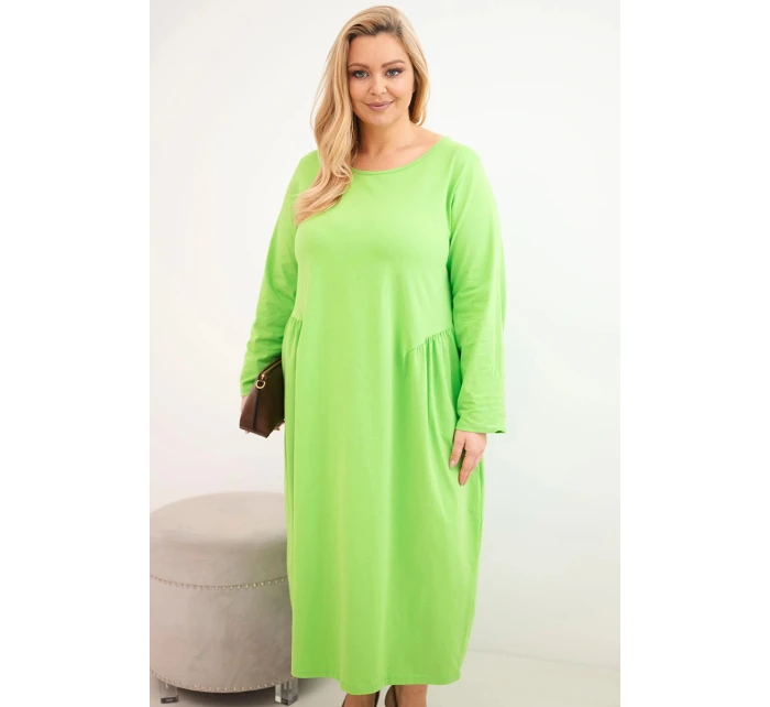 Dámská sukně Plus Size bavlněná s dlouhým rukávem a nařasením v pase světle zelená