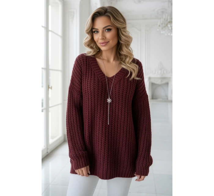 661-1 Teplý svetr oversize s fleecovou vazbou a výstřihem do V - vínový