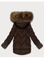Hnědá dámská péřová zimní bunda s velkou kapucí (KK60589)