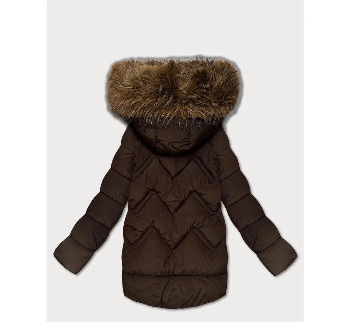 Hnědá dámská péřová zimní bunda s velkou kapucí (KK60589)