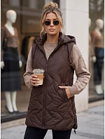 Dlouhá dámská prošívaná vesta s kapucí, čokoládová, FashionStreet TY6014 Dlouhá dámská prošívaná vesta s kapucí, čokoládová, FashionStreet TY6014