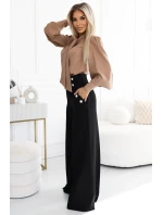 Elegantní černé dámské široké kalhoty s s vysokým střihem a a se zlatými knoflíky model 20722312 - numoco