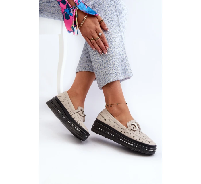 Dámské kožené mokasíny na platformě s ozdobou model 21660272 béžové - S.Barski