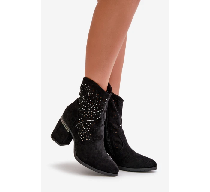 Zdobené Perforované Botky Dámské Na Podpatku Z Eko Semiše Černé S.Barski HY42-029
