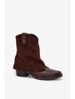 Dámské zateplené kotníkové botky kovbojky na sloupku – čokoládové Sylvette