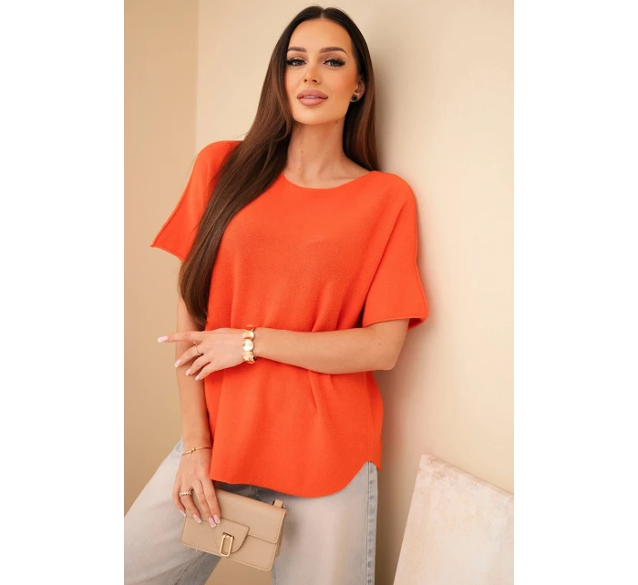 Dámský svetr s krátkým rukávem volného střihu oranžový