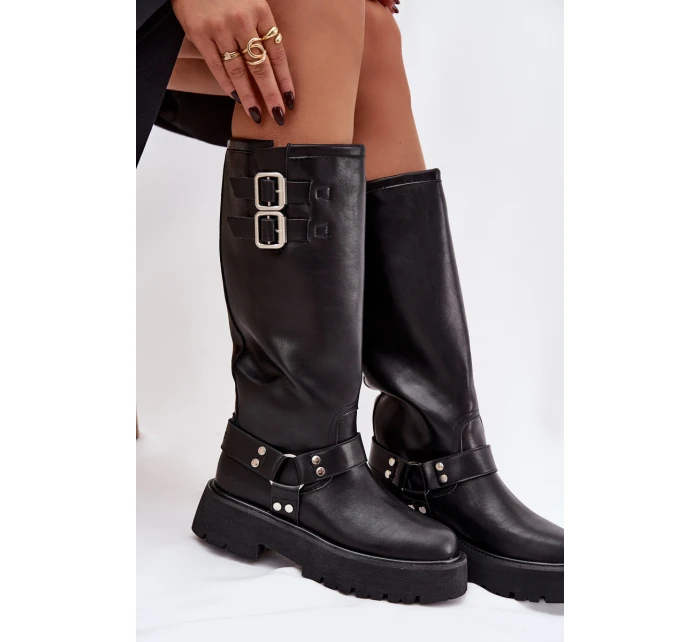 Kožené dámské kozačky s přezkami zateplené Big Star model 21758949 černé - Big Star Shoes Kožené dámské kozačky s přezkami zateplené Big Star model 21758949 černé - Big Star Shoes