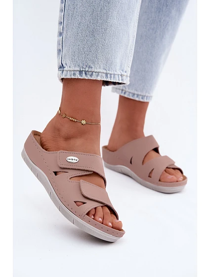 Kožené dámské pantofle na suchý zip model 22200004 růžová - Inblu