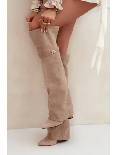 Dámské zateplené kozačky nad kolena s vyhrnutou holení a podpatkem Serelle – béžové, eko semiš