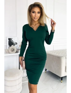 ANGELA - Klasické dámské šaty v lahvově zelené barvě s výstřihem a dlouhými rukávy 403-1