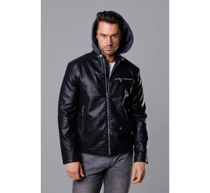 Černá pánská bunda z ekokůže s teplákovou kapucí (11Z8022)