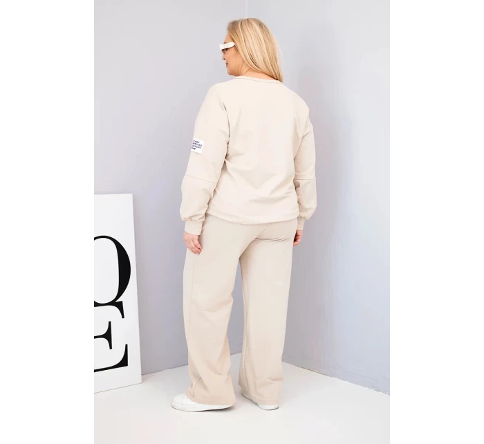 Dámský komplet Plus Size bavlněný s volnou mikinou a kalhotami s širokým nohavicí béžový
