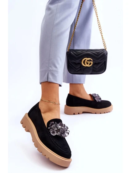 Módní semišové mokasíny s krystaly Černé Demeris