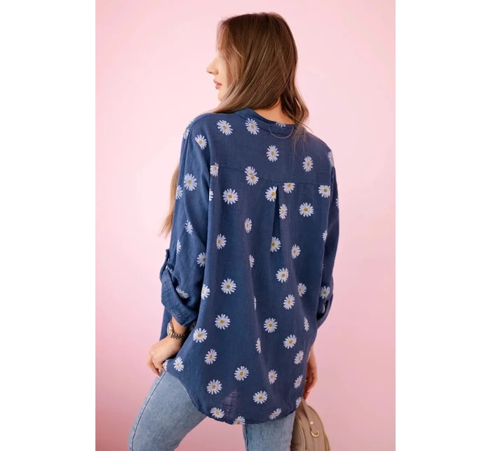 model 21911564 dámská halenka s květinovým vzorem, dlouhými rukávy a knoflíky Džínová - K-Fashion