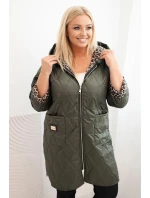 Dámská prošívaná bunda Plus Size s podšívkou v leopardím vzoru a kapucí khaki